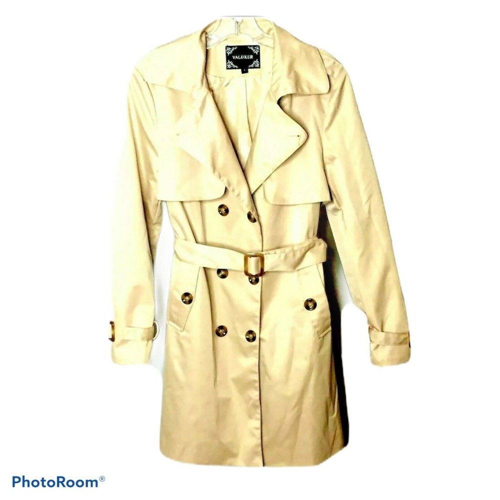 Valuker‎ Women's Rain Coat Beige Buckle Belt Button Size Large